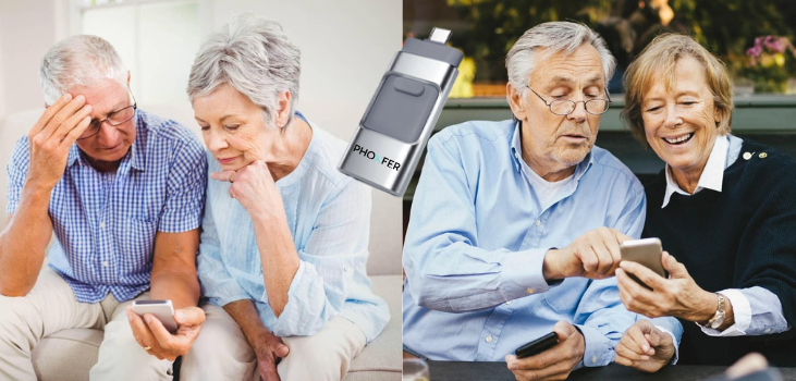 Frustrated couple before using phoxfer flash stick and after using phoxfer flash drive